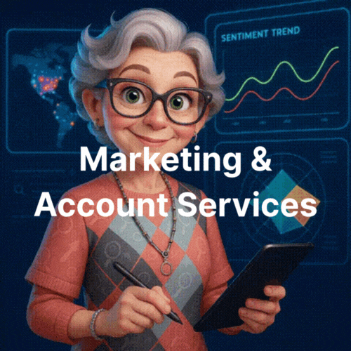 Animated smiling and older woman with glasses, holding a tablet. Text overlay: "Marketing & Account Services."